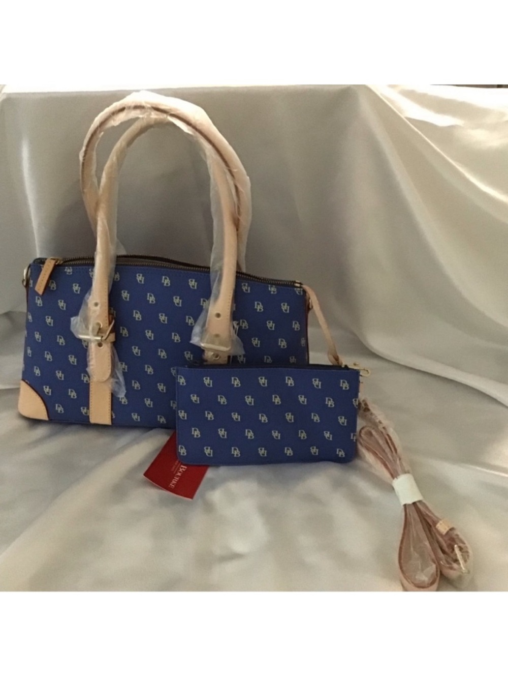 Dooney & Bourke Blue Logo Satchel with Neutral Trim and Pouch